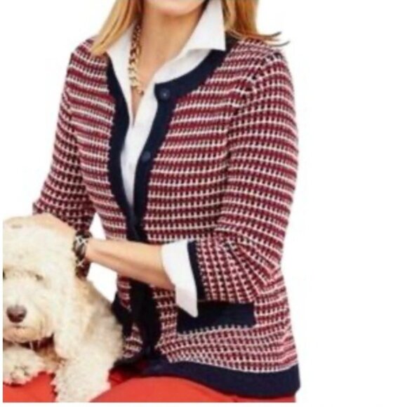 Talbots Women's Cardigan Jacket Sweater 1X Red Cream Navy Blue NWT NEW - Picture 1 of 10